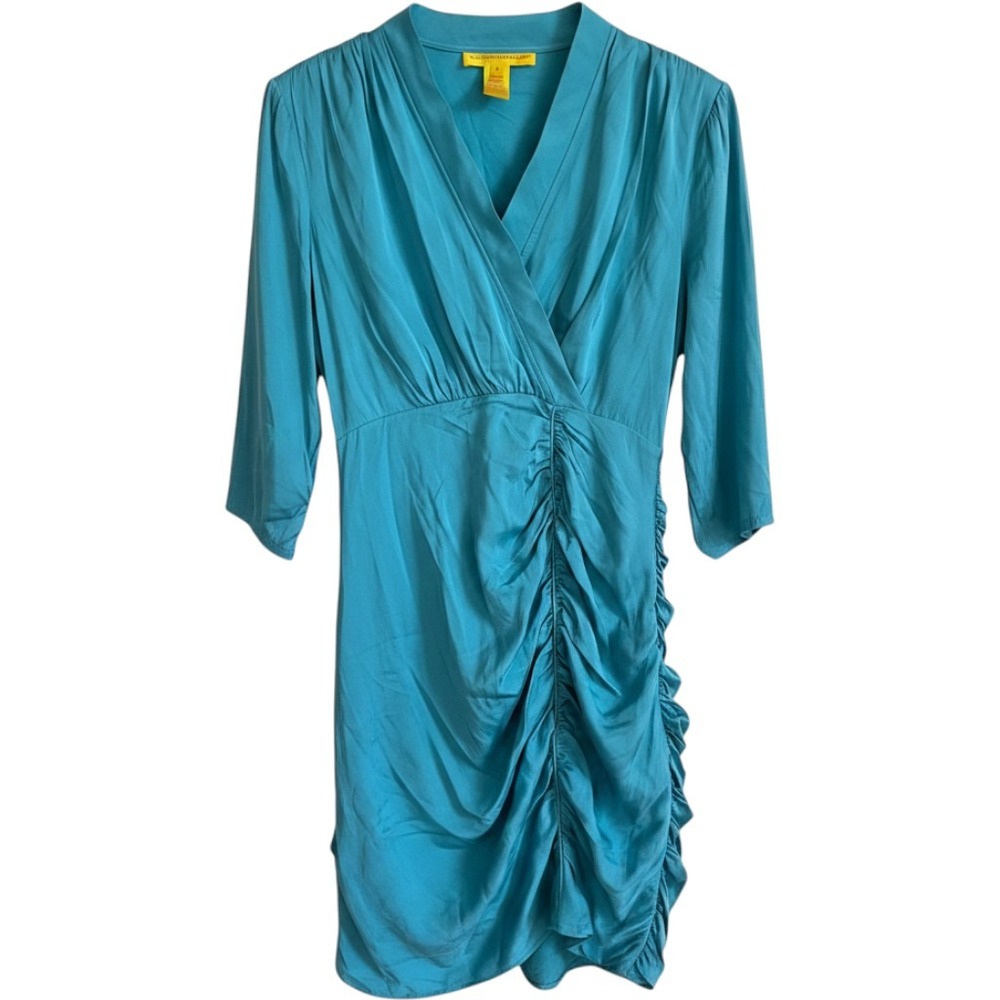 Catherine Malandrino Turquoise Silk Ruched V-Neck Mini Dress Size 8 Teal 3/4 Slv
